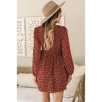 Brown Floral Smocked Bodice Mini Dress