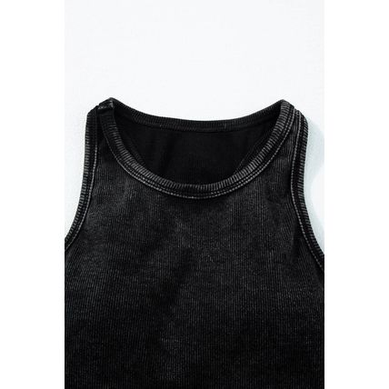 Black Ribbed Mineral Wash Racerback Cropped Tank Top