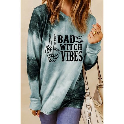 Gray Tie Dye BAD WITCH VIBES Graphic Long Sleeve Top