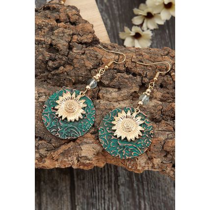 Real Teal Retro Sunflower Disc Alloy Dangle Earrings
