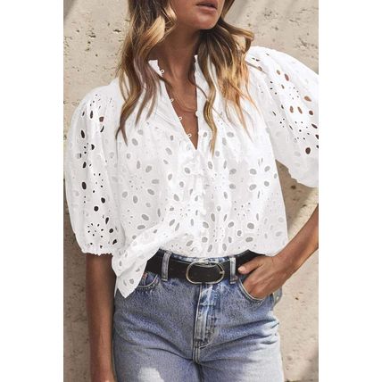 White Flower Embroidered Hollow-out Puff Sleeve Blouse