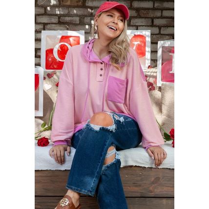 Pink Corded Colorblock Patchwork Plus Size Hoodie