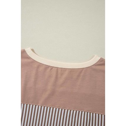 Khaki Stripe Patchwork Bracelet Sleeve Plus Size T Shirt