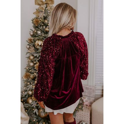 Red Dahlia Sequin Patchwork Sleeve Button Up Velvet Top