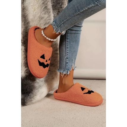 Orange Halloween Pumpkin Face Graphic Plush Slippers
