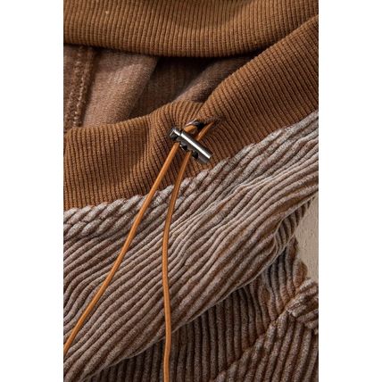 Chestnut Half Zipper Kangaroo Pocket Drawstring Corduroy Hoodie