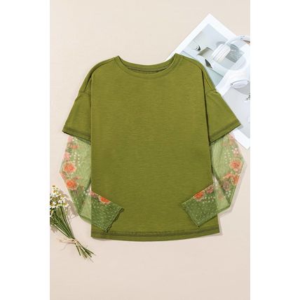 Fern Green Faux Two Piece Floral Long Sleeve Patchwork Tee