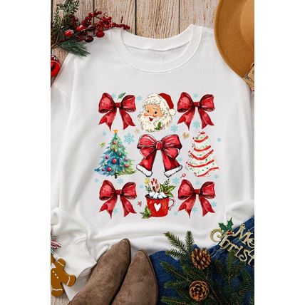 Beige Christmas Tree Bowknot Santa Clause Graphic Holiday Sweatshirt