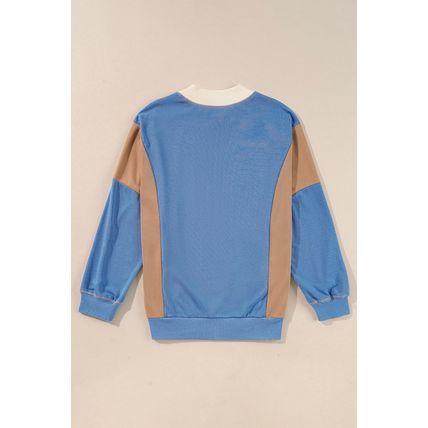 Sky Blue Ribbed Detail Color Block Sleeve Baggy Sweatshirt
