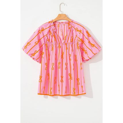 Rose Bowknot Print Shirred V Neck Puff Sleeve Plus Size Blouse