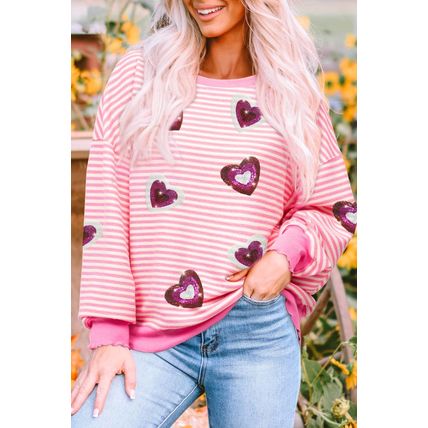 Pink Stripe Sequin Heart Patched Pattern Long Sleeve Valentines Top