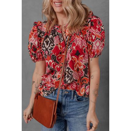 Red Ethnic Print Split Neck Short Puff Sleeve Blouse