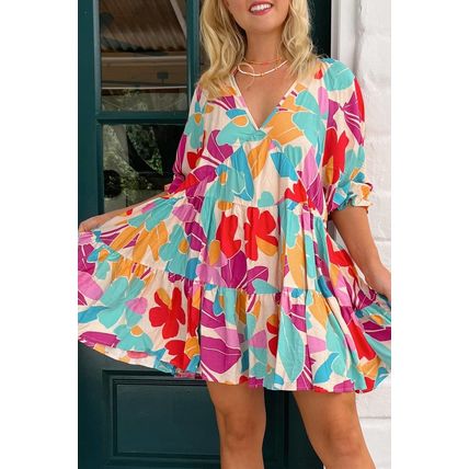 Rose Red Floral Bubble Sleeve V Neck Tiered Ruffle Babydoll Dress
