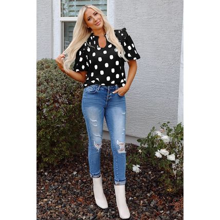 Black Polka Dot Print Shirred Yoke Notched Neck Balloon Sleeve Blouse