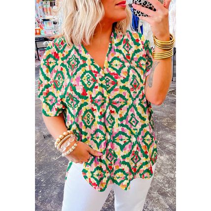 Green Abstract Print V Neck Short Sleeve Blouse