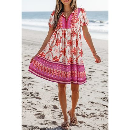 Rose Boho Floral Short Sleeve Lace-up V Neck Mini Dress