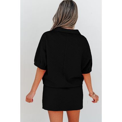 Color black Striped Collared Zip up Textured Skirt Set