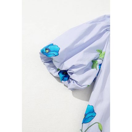 Sky Blue Floral Print Tie Split Neck Short Puff Sleeve Blouse