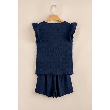 Dirty blue Textured Square Neck Top and Shirred High Waist Shorts Set