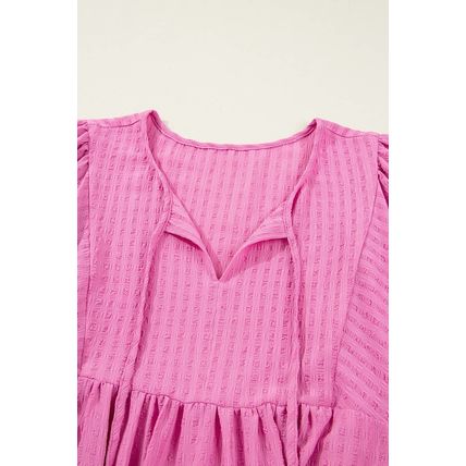 Sachet Pink Plus Size Textured Tie Split Neck Puff Sleeve Flowy Mini Dress