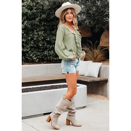 Meadow Mist Green Bow Tie Front Ruffle Trim V Neck Long Sleeve Gauze Blouse