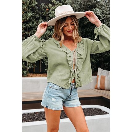 Meadow Mist Green Bow Tie Front Ruffle Trim V Neck Long Sleeve Gauze Blouse