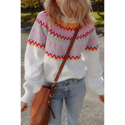 White Ethnic Geometric Colorblock Print Drop Shoulder Sweater