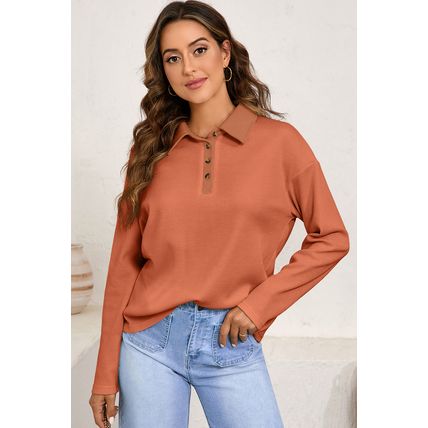 Gold Flame Solid Color Long Sleeve Thermal Knit Polo Collar Patchwork Top