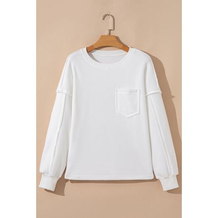 White Exposed Seam Chest Pocket Knit Pullover Sweatshirt