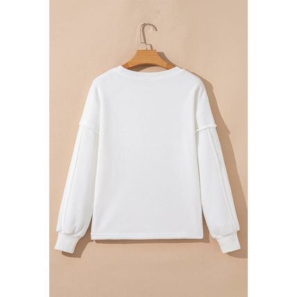 White Exposed Seam Chest Pocket Knit Pullover Sweatshirt