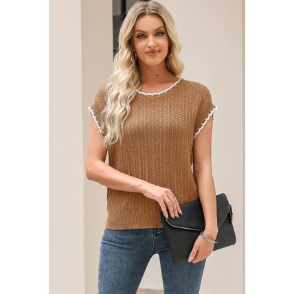 Camel Contrast Trim Boxy Fit Knit Short Sleeve Sweater Top