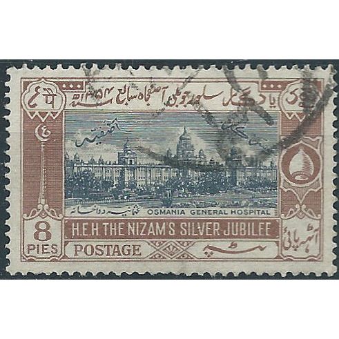 Hyderabad 1937 SG50 8p Slate & Brown Silver Jubilee Fine Used....