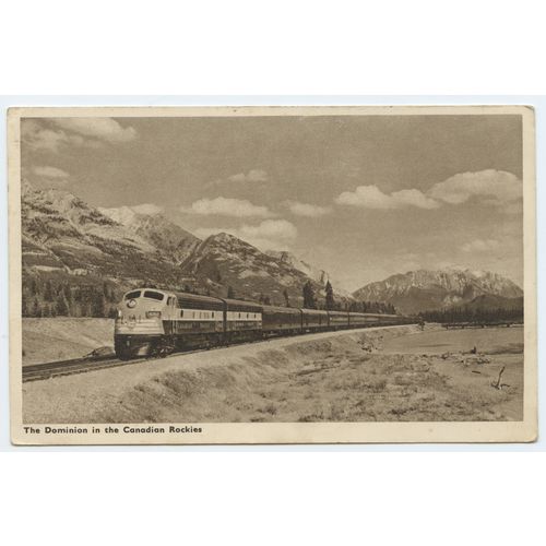 Standard size printed postcard The Dominion Train in the Canadian Rockies Canada