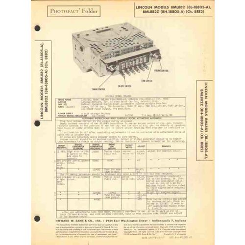 LINCOLN model 8ML882 8 tube AM car radio Sams Photofact manual