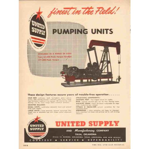 UNITED SUPPLY MFG COMPANY 1954 Finest oil pumping units vintage ad