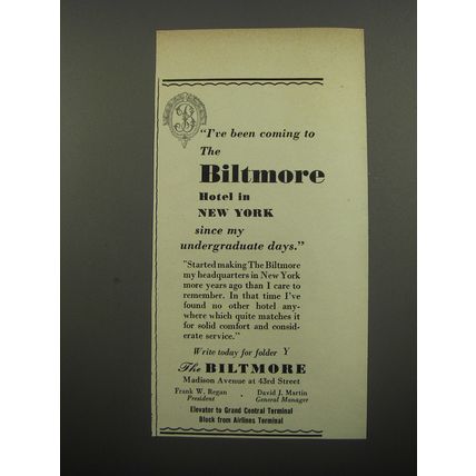 1951 The Biltmore Hotel Ad - I've been coming to the Biltmore Hotel in New York
