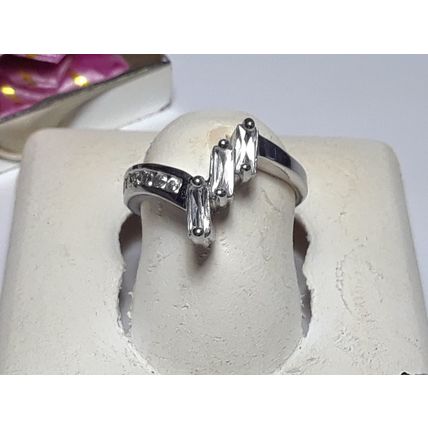 3 Straight Baguette & Round CZ .66cttw offset channel Sterling Silver Ring#17911