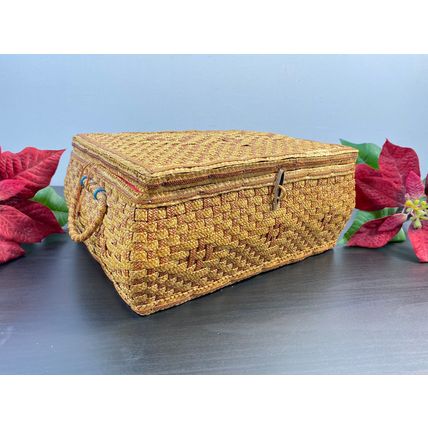 Vintage Sewing Basket, chinese wicker Basket, wooden fabric sewing box, strong