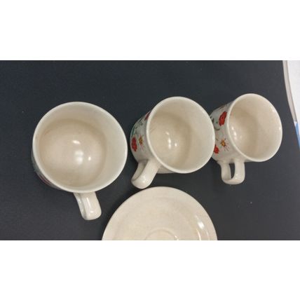 Vintage Sunshine Stoneware Coffee Cups White Red Flowers Set Of 3 Mugs 4 Saucers