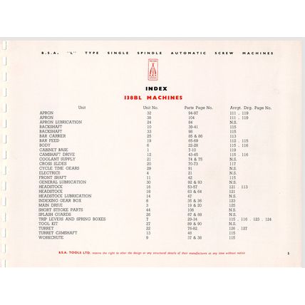 BSA L Type Single Spindle Automatic Screw Machines Parts Catalogue 98LSB461 PDF