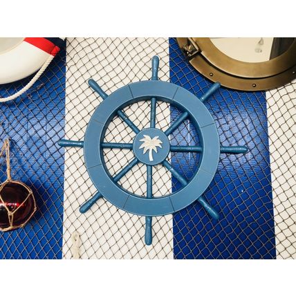 Rustic All Light Blue Decorative Ship Wheel With Palm Tree 18""