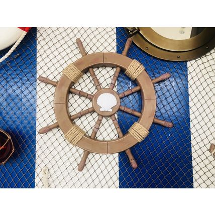Rustic Wood Finish Decorative Ship Wheel with Seashell 18""