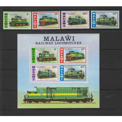MALAWI 1976 LOCOMOTIVES SET OF 4 & MINISHEET MINT NEVER HINGED TRAINS