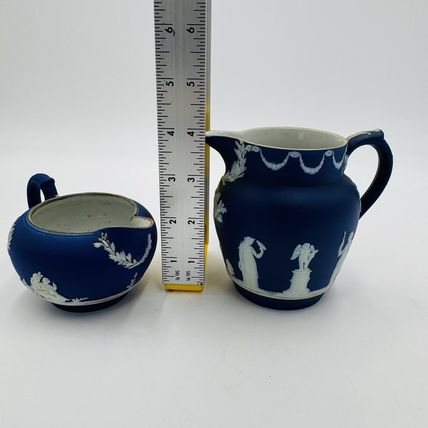 Antique Wedgwood Dipped Blue Pitchers England Jug Creamer Embossed Small