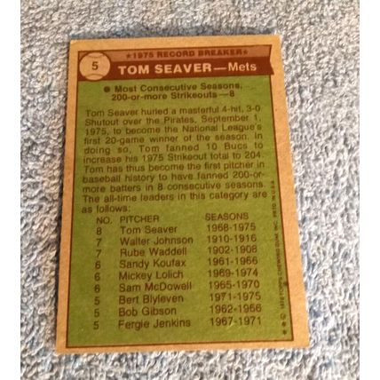 Topps 1976 #5 Tom Seaver New York Mets Pitcher 5.0 Excellent Or Better Condition