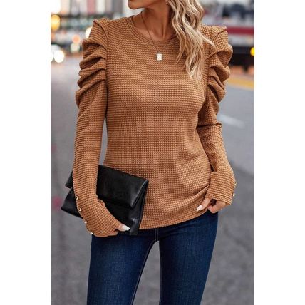 Chestnut Solid Color Textured Buttoned Gigot Sleeve Top