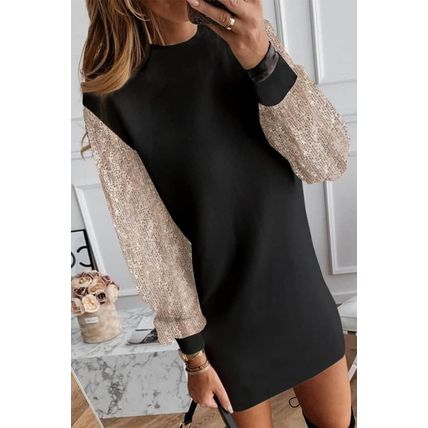 Black Sequin Puff Sleeve Shift Mini Dress