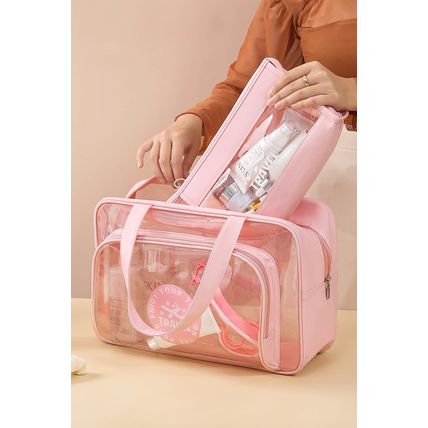 Pink Waterproof Multi Pockets Transparent Travel Makeup Bag