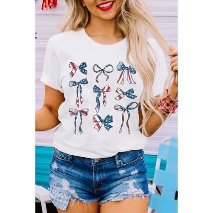 White American Flag Pattern Bowknot Graphic Tee