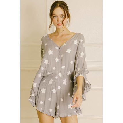 Gray Star Print Crinkle Textured Kimono Ruffle Sleeve Romper